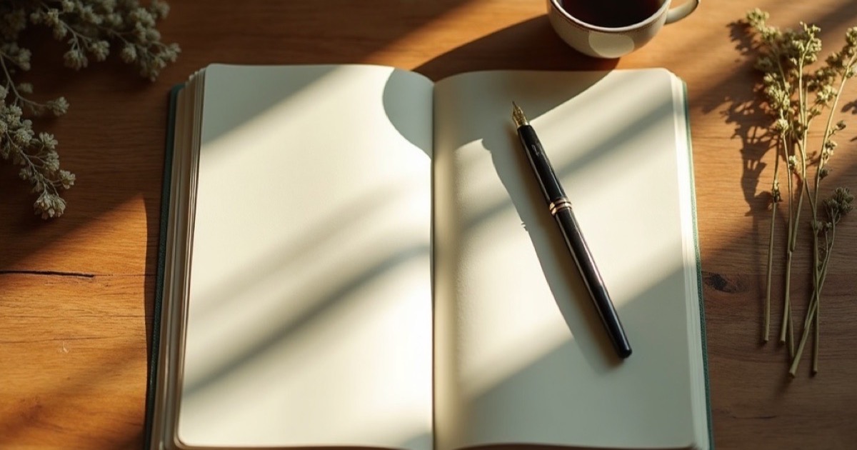 An open journal and a pen resting on a warm wooden desk in soft morning light, a cup of tea beside it