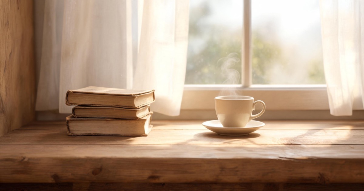 A small stack of well-worn books resting on a wooden windowsill in soft morning light, a cup of tea beside them