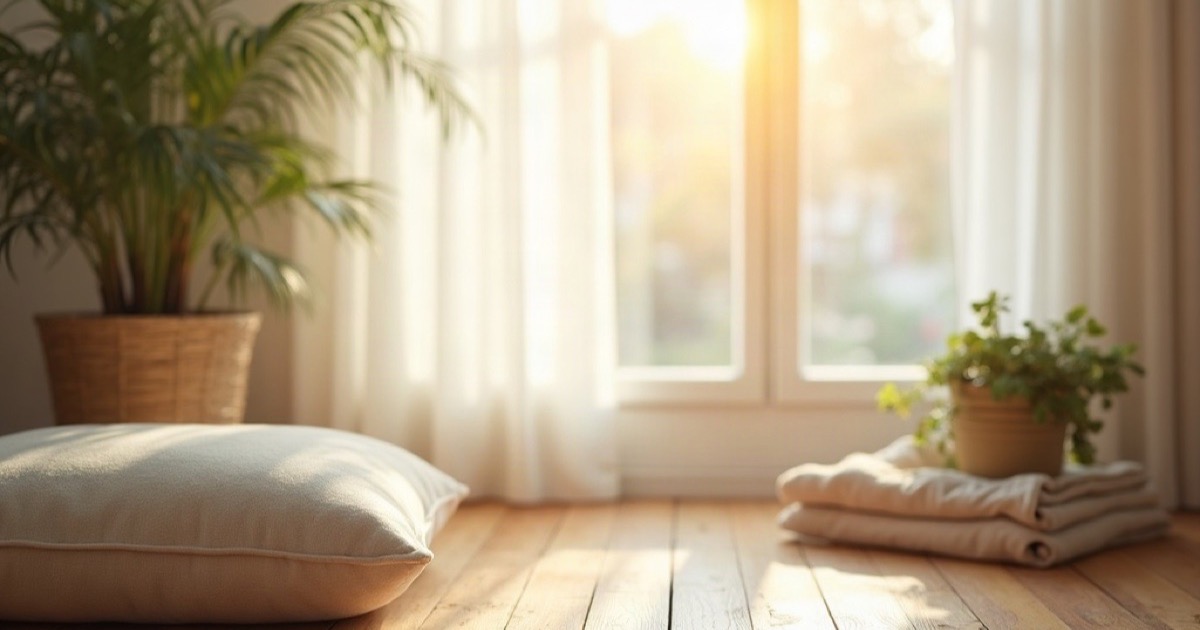 A floor cushion beside a sunlit window with a small plant and folded blanket, warm morning light on a wooden floor