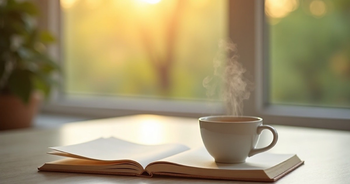 A quiet desk near a bright window at dawn, an open notebook and a warm cup of tea, soft light spilling across the wood
