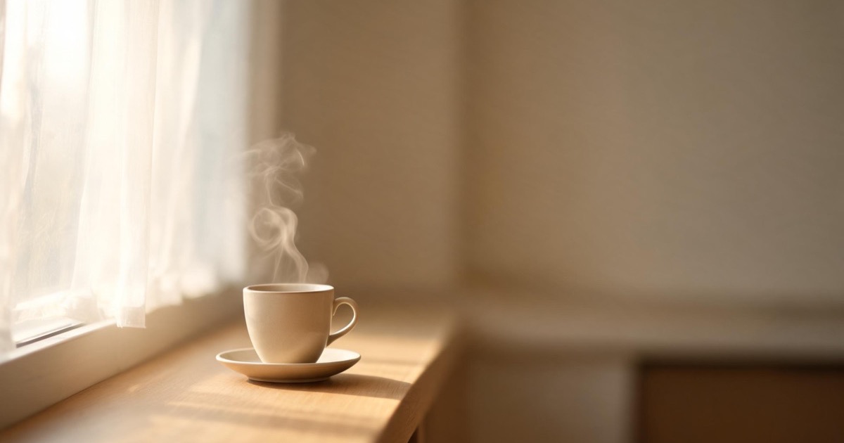 A cup of tea cooling on a windowsill in soft morning light, steam rising in a quiet room