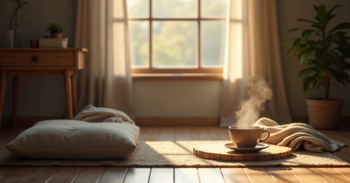 Early morning sunlight across a wooden floor with a plain floor cushion, a folded blanket and a steaming cup of tea