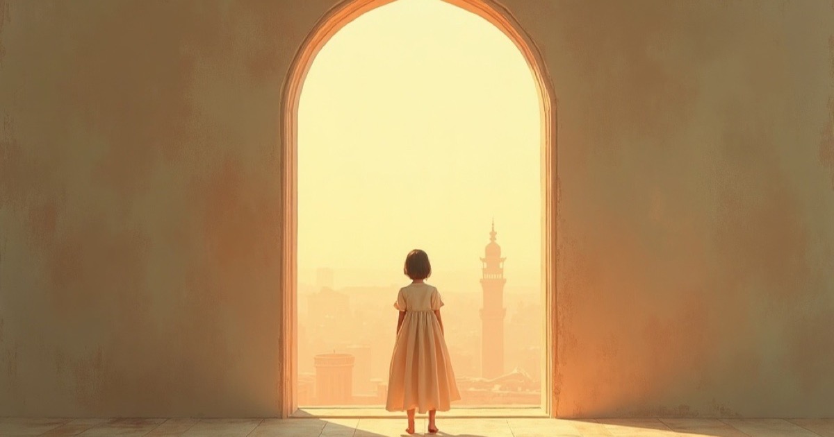 A calm figure standing near a wide window at golden hour, warm light drawing gently inward across a quiet room