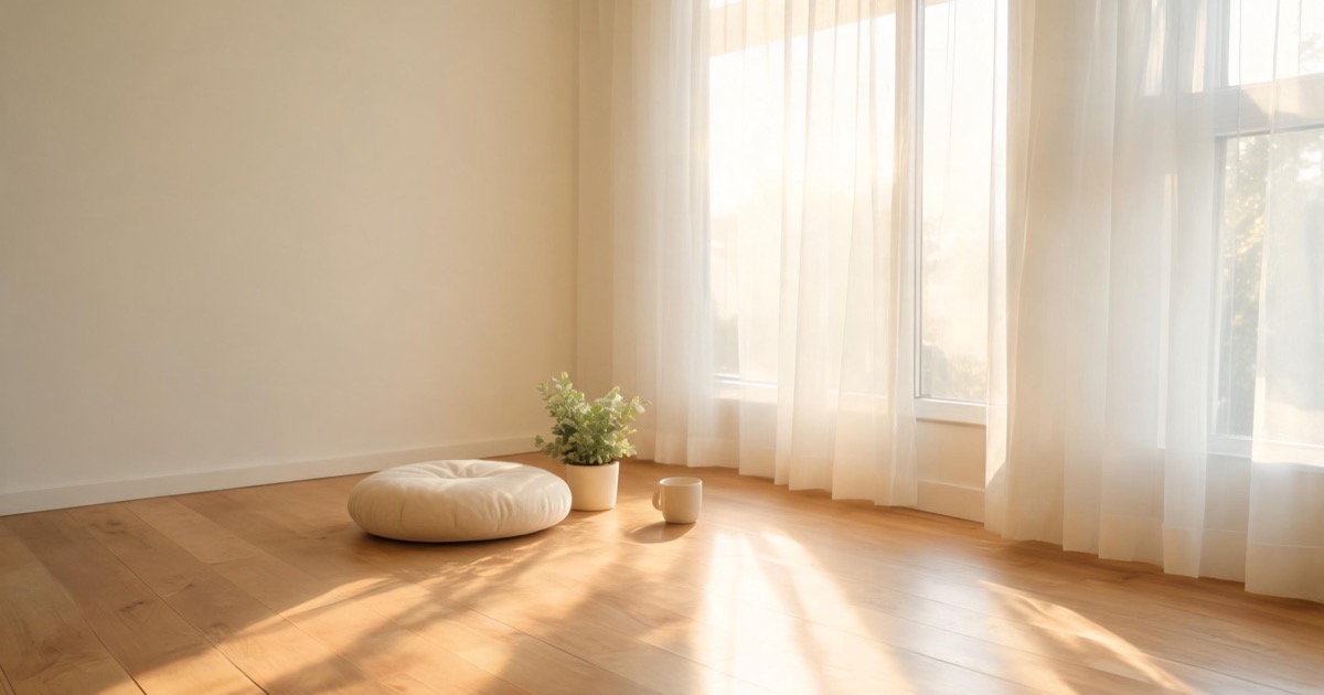 A quiet cushion by a window in soft morning light, a plain room with room to breathe